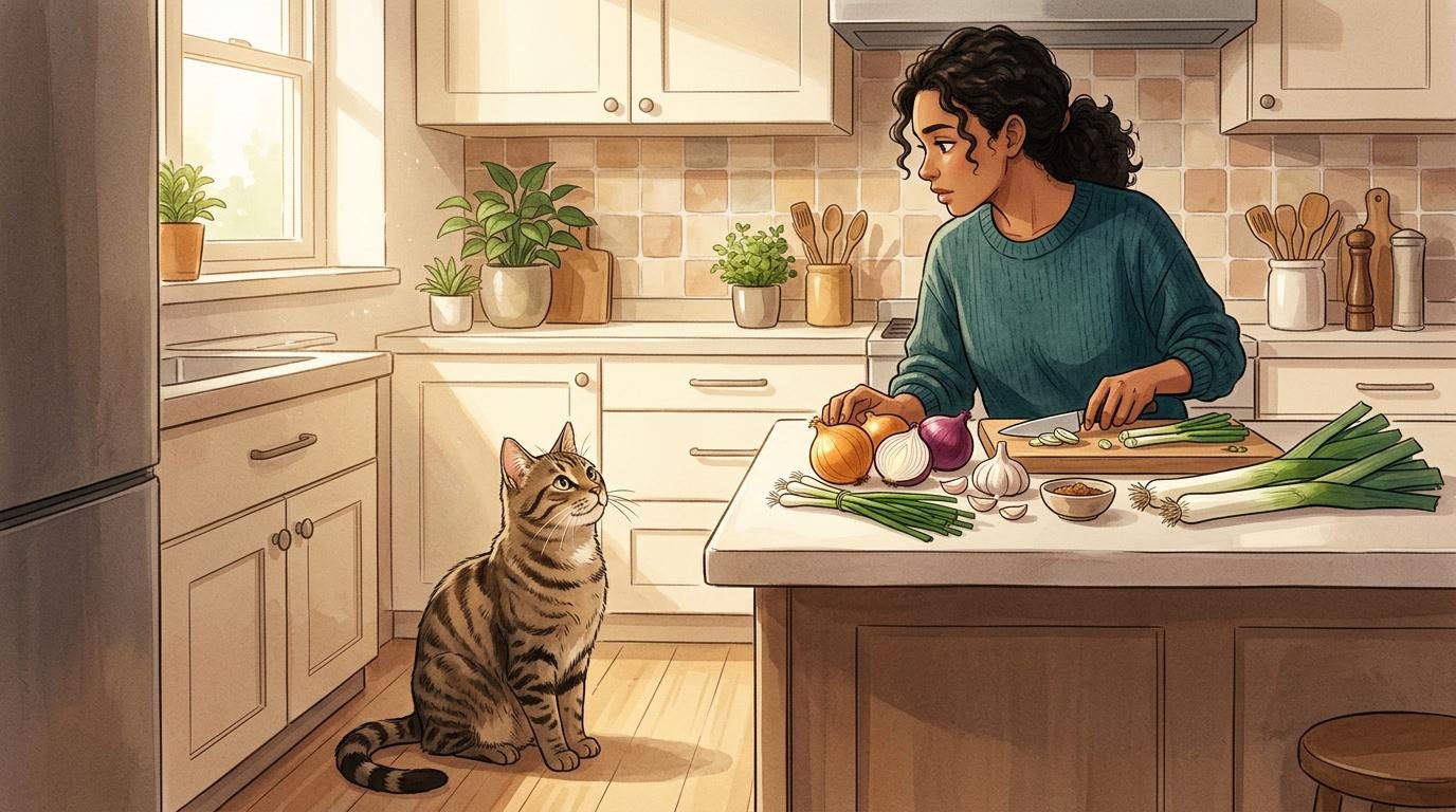 Tutora cortando cebola, alho e cebolinha na cozinha enquanto o gato observa da bancada