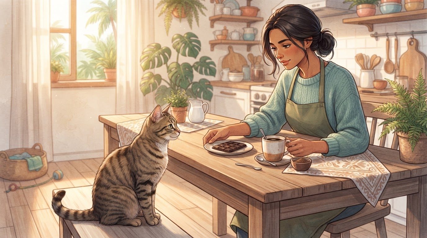 Chocolate e xícara de café sobre a mesa, longe do alcance do gato