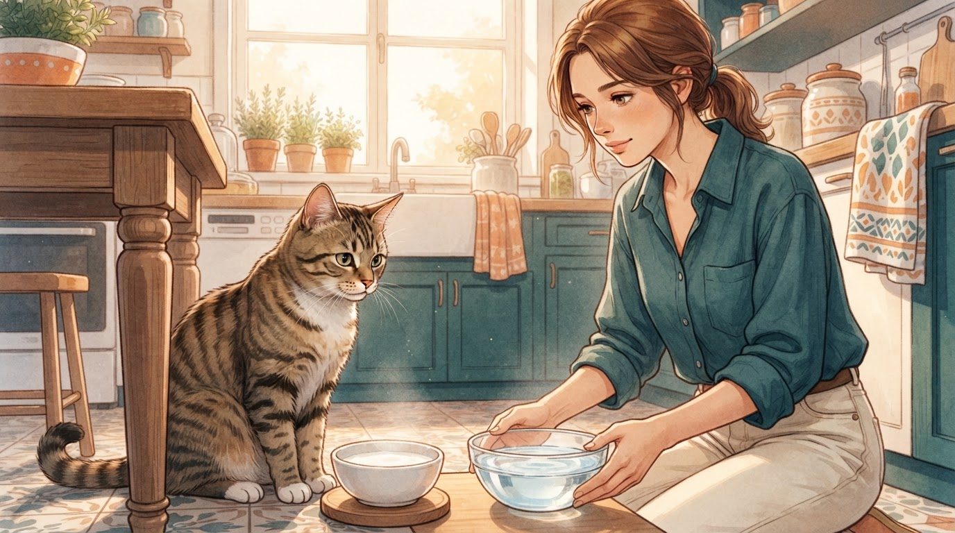 Copo de leite e queijo sobre a mesa, com o gato observando ao lado