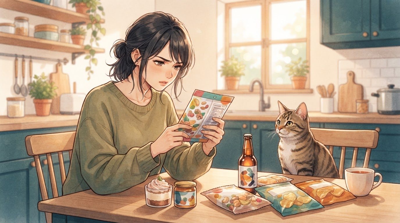 Produtos industrializados e bebida sobre a mesa, representando ingredientes escondidos que podem ser perigosos
