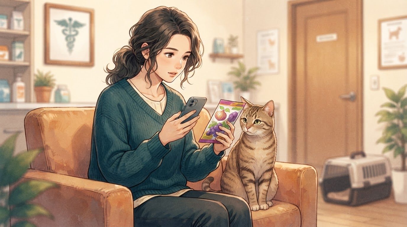 Tutora ligando para o veterinário enquanto segura o gato no colo