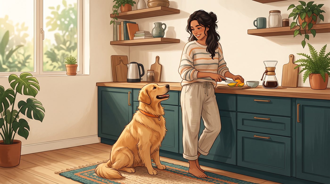 Cachorro golden retriever seguindo a tutora pela cozinha, observando atentamente enquanto ela prepara algo