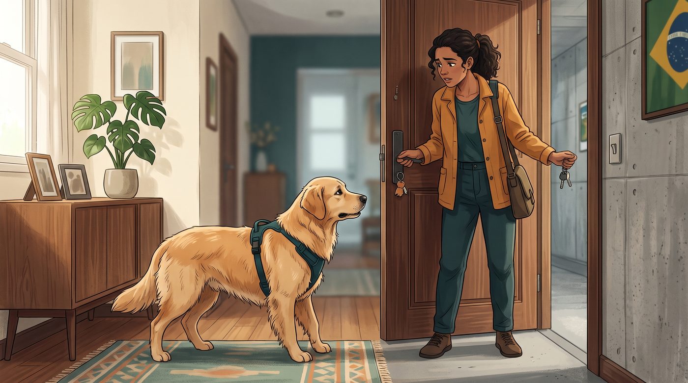 Cachorro observando ansiosamente a tutora abrindo a porta para sair, segurando as chaves