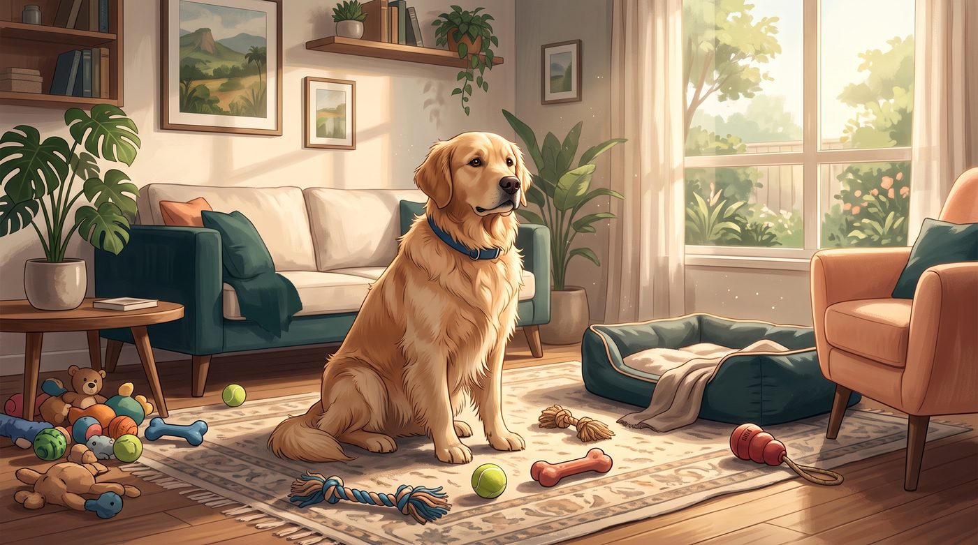Cachorro sozinho em sala cercada de brinquedos espalhados, parecendo incerto sobre o que fazer
