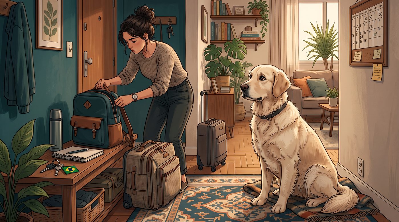 Cachorro observando atentamente a tutora arrumando uma mala de viagem perto da porta