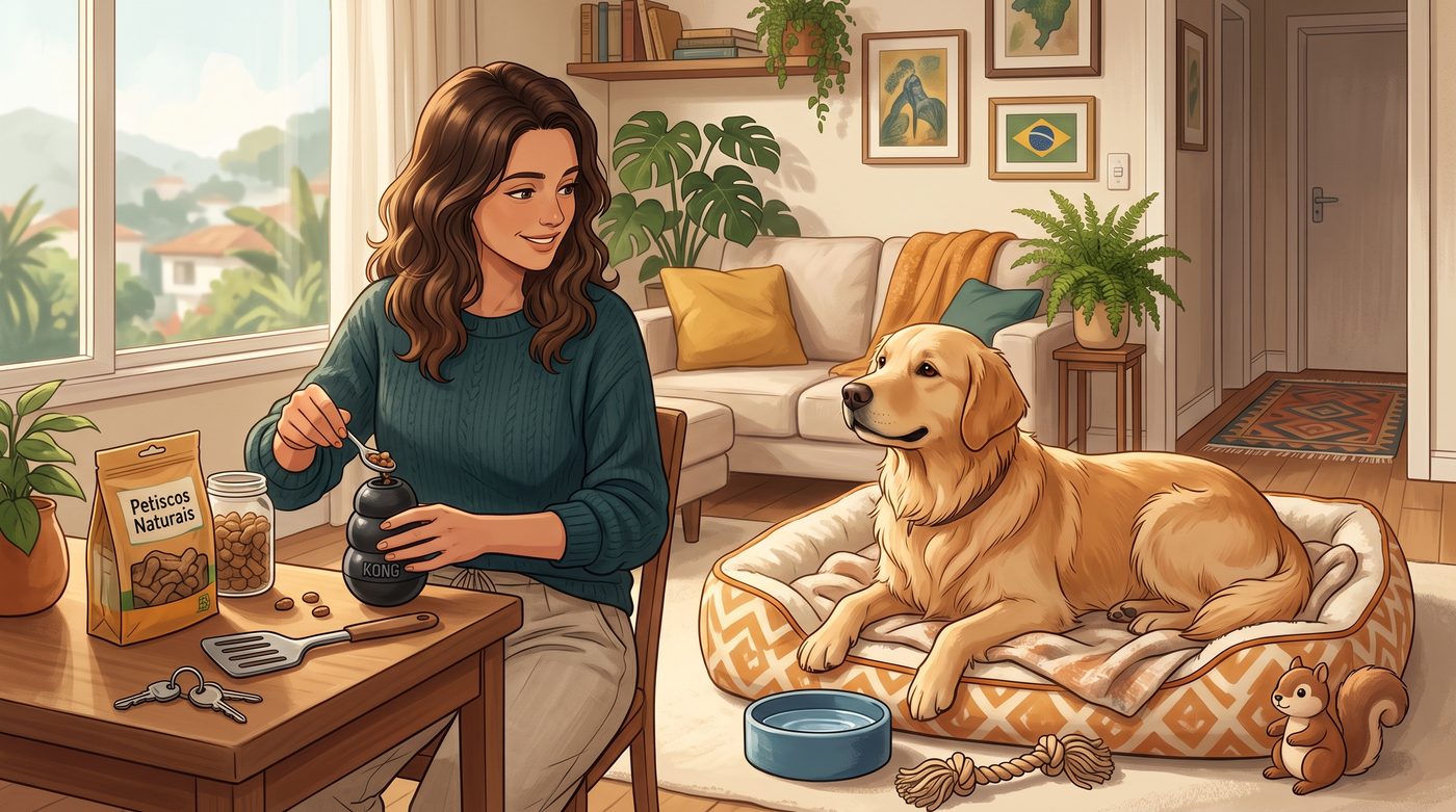 Tutora preparando um brinquedo recheado com petiscos enquanto o cachorro descansa tranquilo na caminha