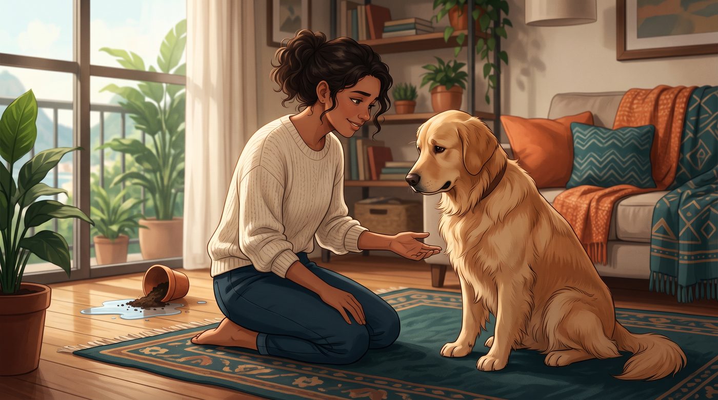 Tutora acalmando o cachorro com carinho e paciência, mesmo com um pequeno acidente no chão ao fundo