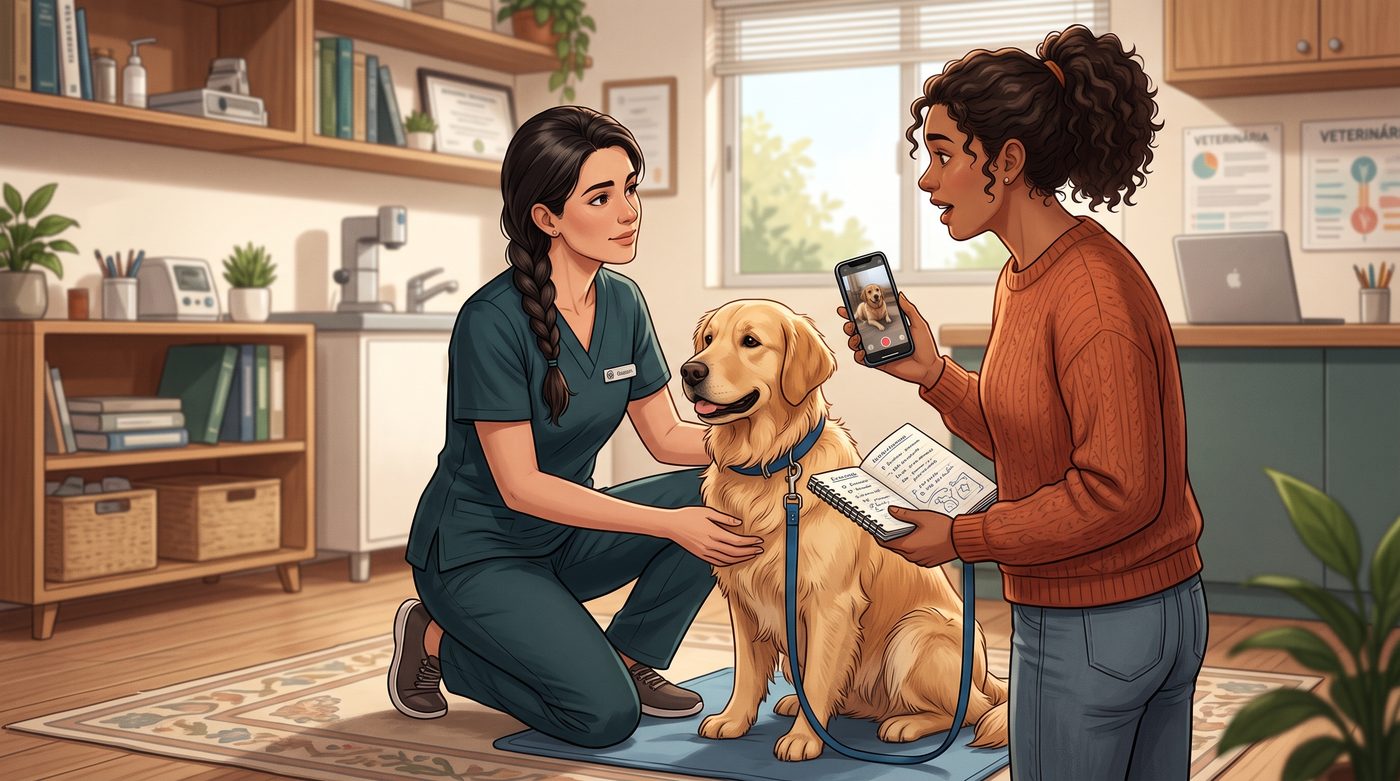 Veterinária examinando o cachorro enquanto a tutora mostra um vídeo gravado no celular