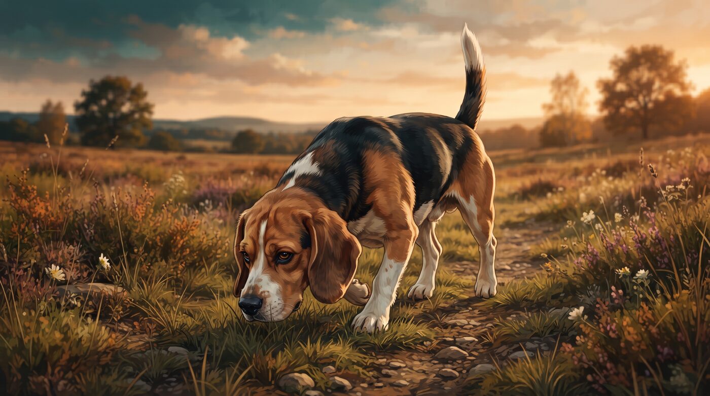 Beagle farejando uma trilha em um campo ao entardecer, com o focinho próximo ao chão