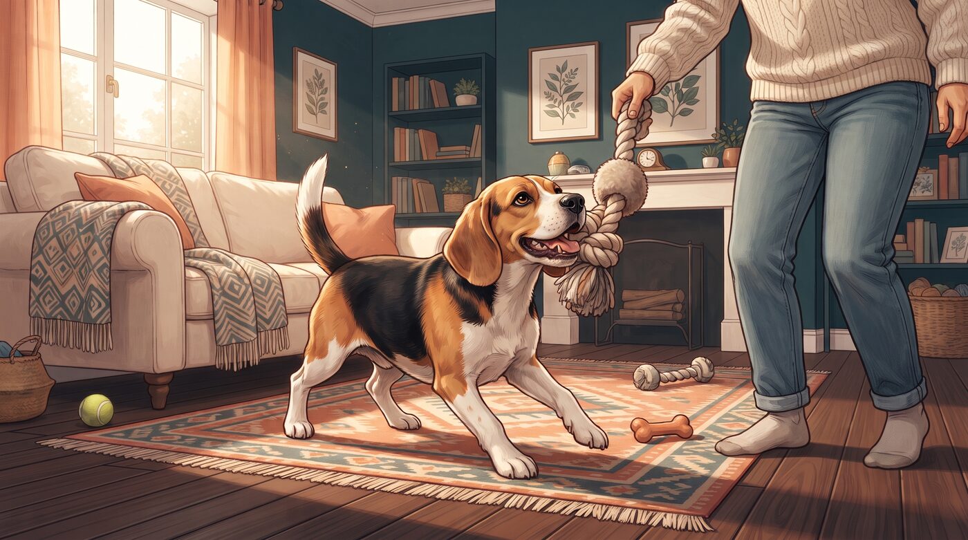 Beagle puxando alegremente um brinquedo de corda enquanto brinca com o tutor na sala de estar