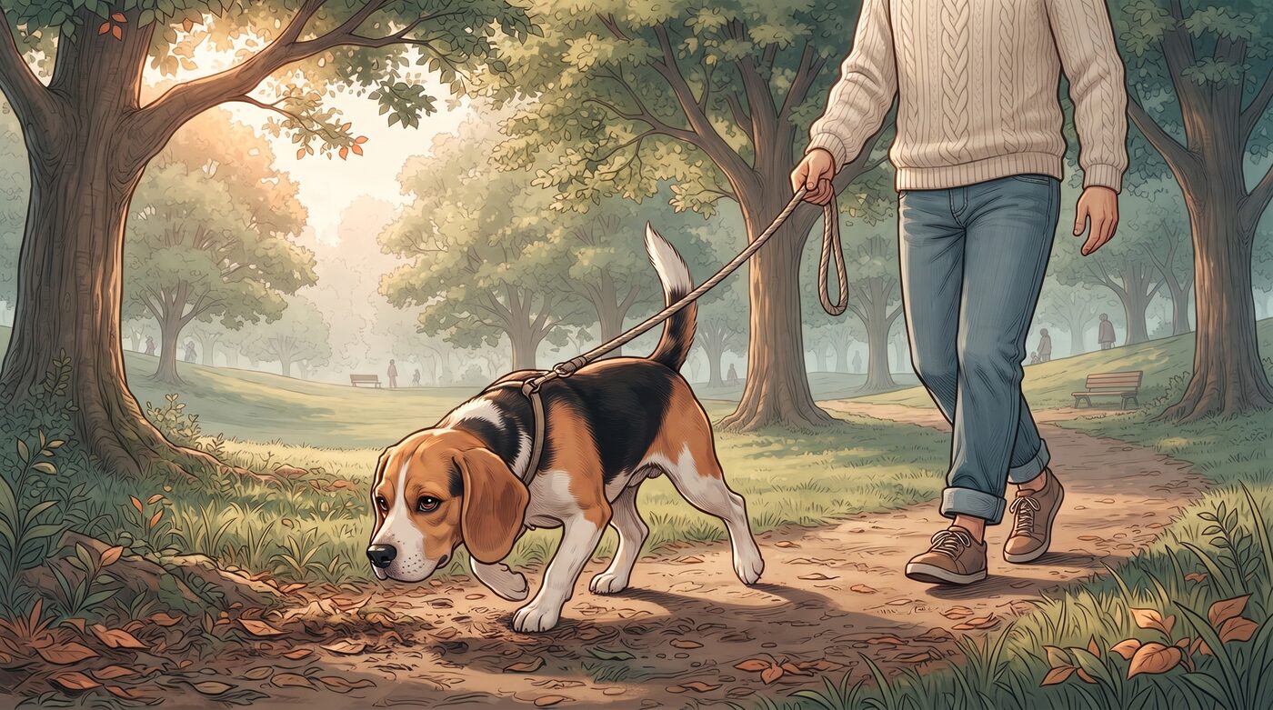 Beagle na guia farejando o chão durante um passeio em um parque arborizado