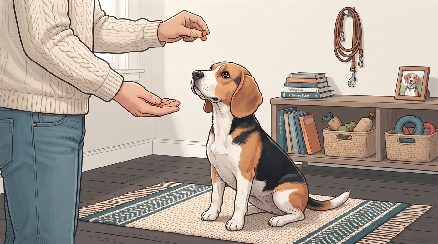 Beagle sentado recebendo um petisco durante uma sessão de treinamento com reforço positivo em casa