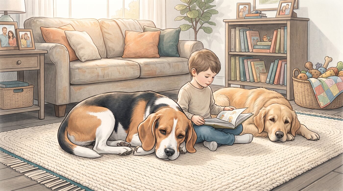 Criança lendo um livro na sala, cercada por um Beagle e um golden retriever deitados tranquilamente