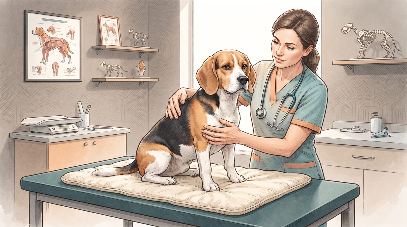 Veterinária examinando um Beagle sobre a mesa de exame em uma clínica veterinária
