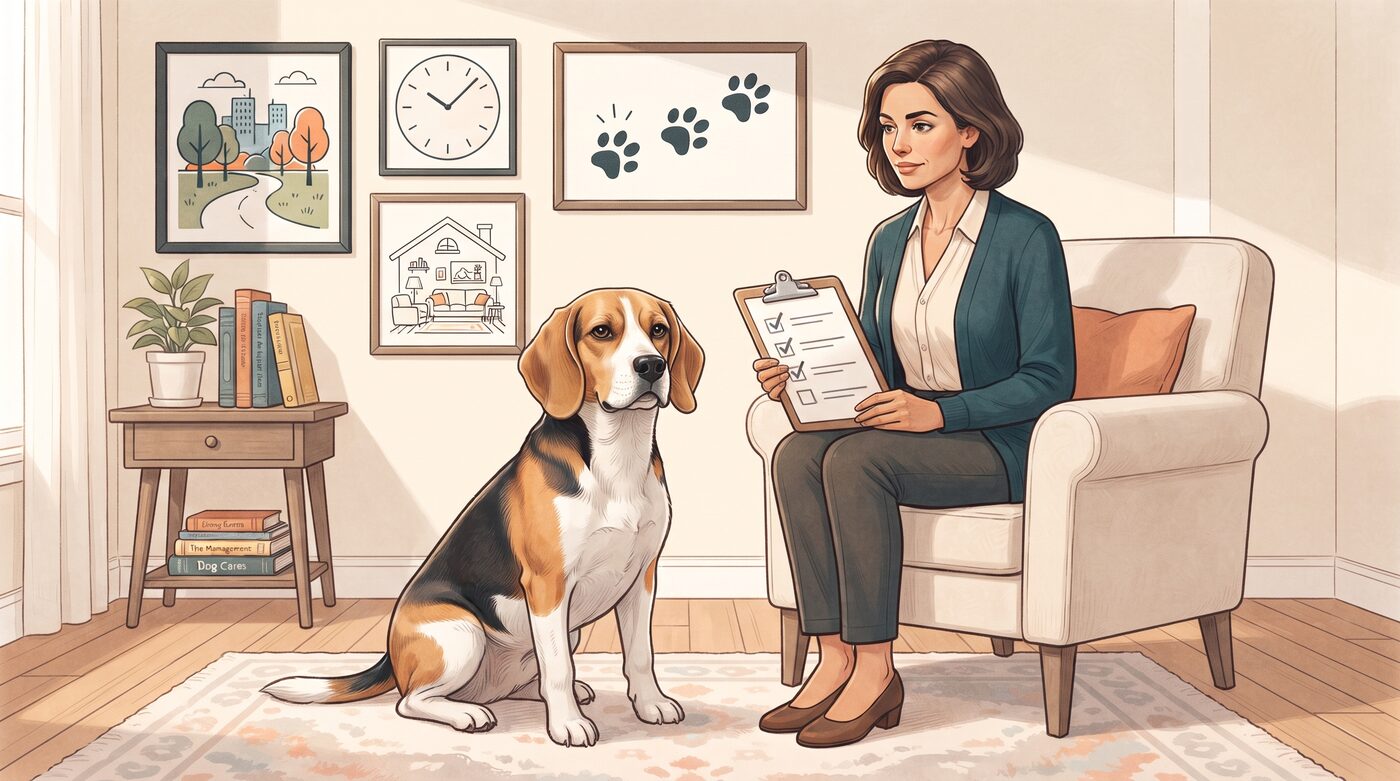 Tutora sentada com uma lista de verificação nas mãos ao lado de um Beagle atento em uma sala de estar