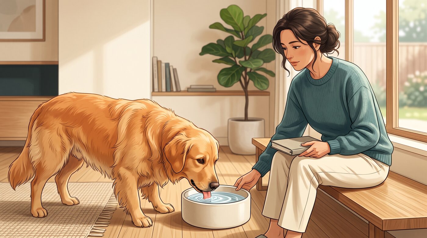 Golden retriever bebendo água de uma tigela oferecida pela tutora, sentada ao lado com um livro