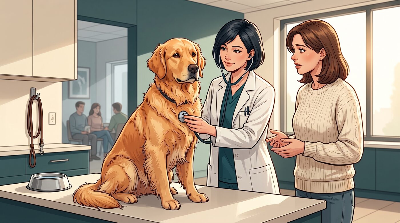 Golden retriever perto de uma tigela de água cheia no quintal, com a tutora observando à distância