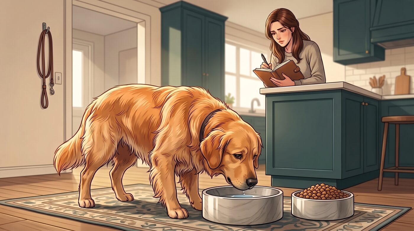 Tutora anotando em um caderno observações sobre o cachorro, com a guia pendurada na parede e um pote de ração próximo