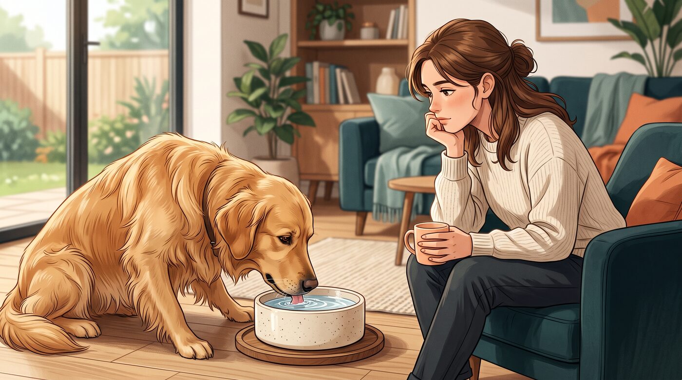 Veterinária examinando um golden retriever com estetoscópio enquanto a tutora observa ao lado