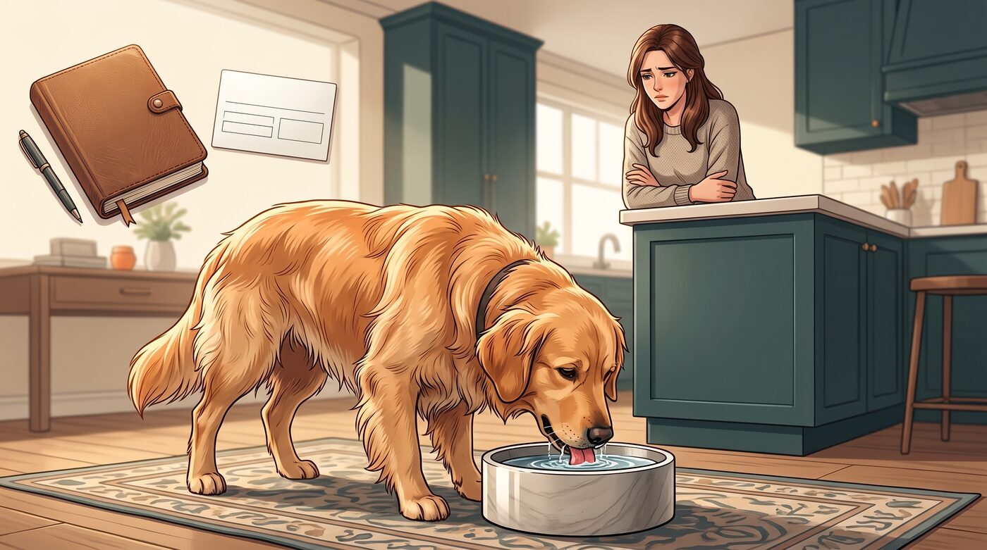 Golden retriever bebendo água intensamente na cozinha enquanto a tutora observa preocupada, com anotações sobre a mesa