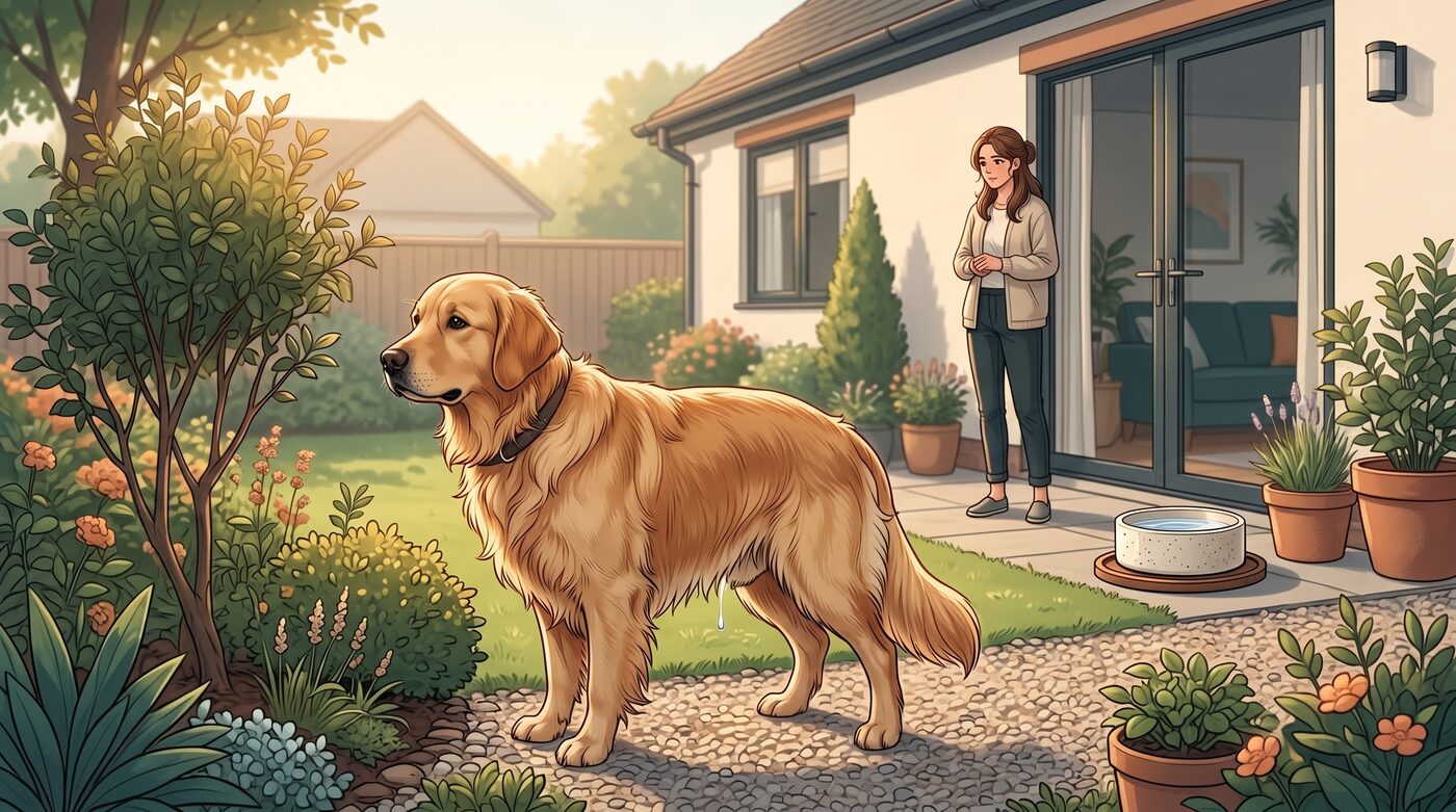 Golden retriever bebendo água tranquilamente enquanto a tutora observa pensativa segurando uma xícara