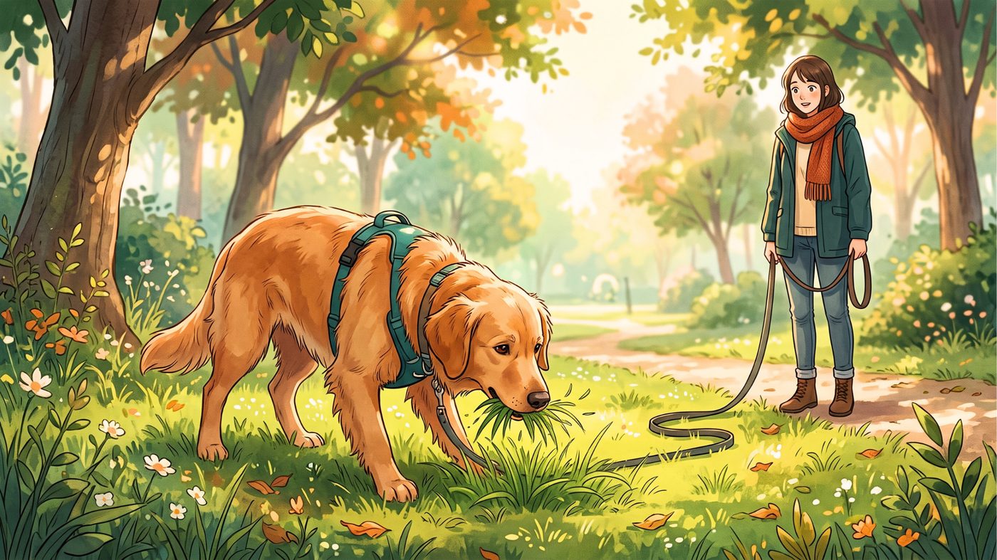 Cachorro comendo grama durante passeio no parque enquanto a tutora observa preocupada