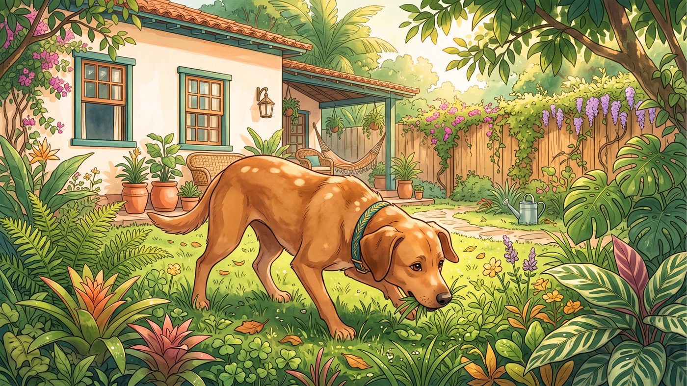 Cachorro cheirando e comendo grama em um jardim