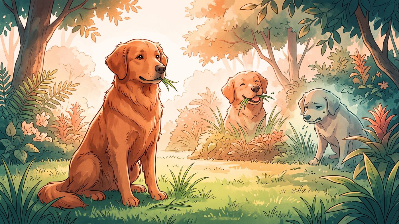 Três cães diferentes comendo grama em um jardim, ilustrando que o comportamento é comum