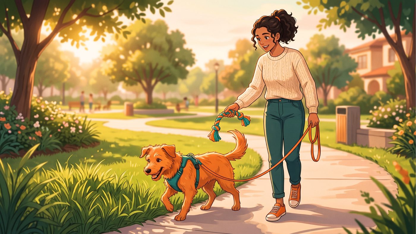 Tutora passeando com cachorro usando brinquedo de mastigação como alternativa