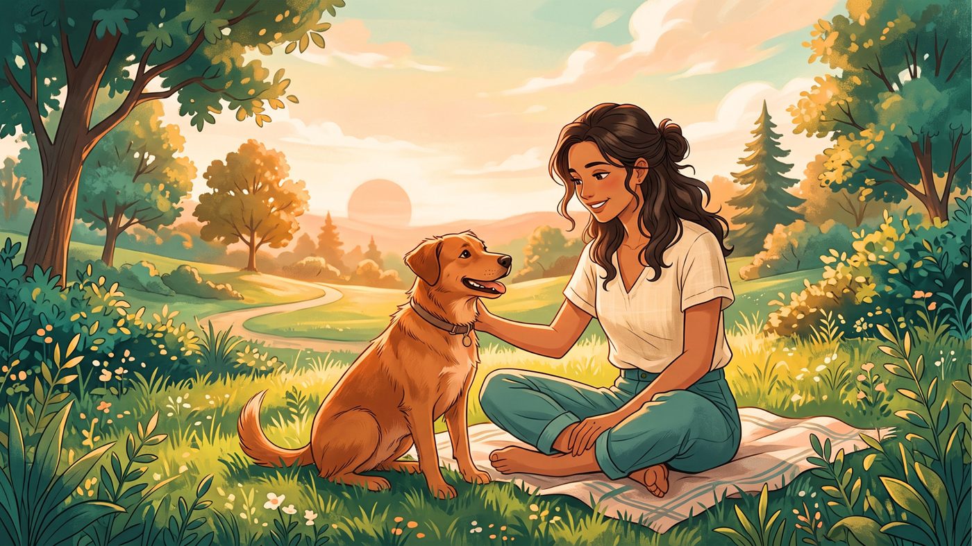 Tutora e cachorro relaxados juntos em um campo ao pôr do sol