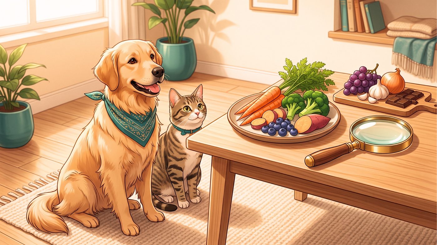 Cachorro e gato ao lado de mesa com alimentos e lupa, representando a checagem de alimentos seguros