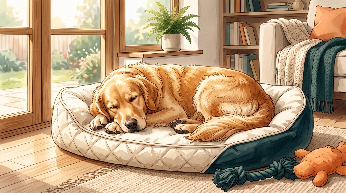 Cachorro golden retriever dormindo profundamente em uma caminha aconchegante perto da janela
