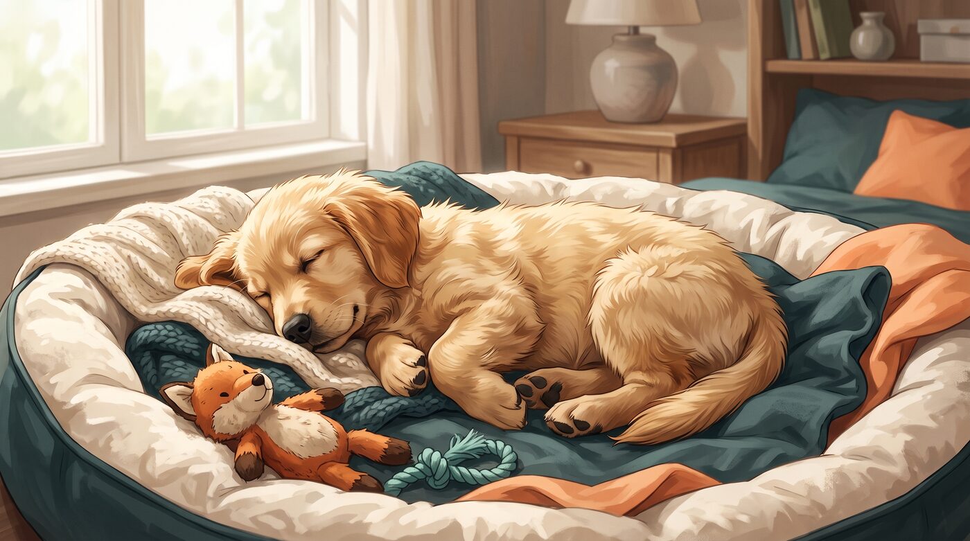 Filhote de golden retriever dormindo profundamente ao lado de um brinquedo de pelúcia em formato de raposa