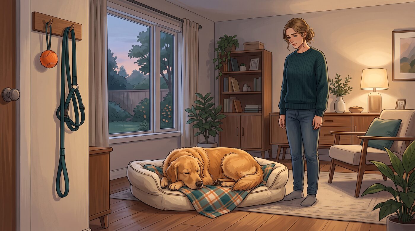 Cachorro golden retriever dormindo na caminha enquanto a tutora observa preocupada, com a guia pendurada na parede