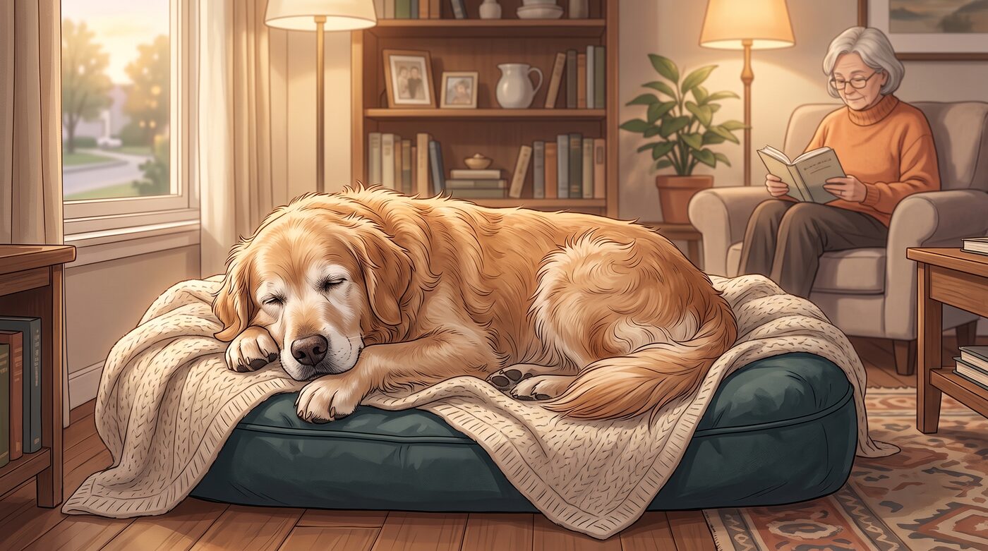 Cachorro golden retriever idoso dormindo tranquilamente em uma caminha enquanto uma tutora idosa lê um livro ao fundo