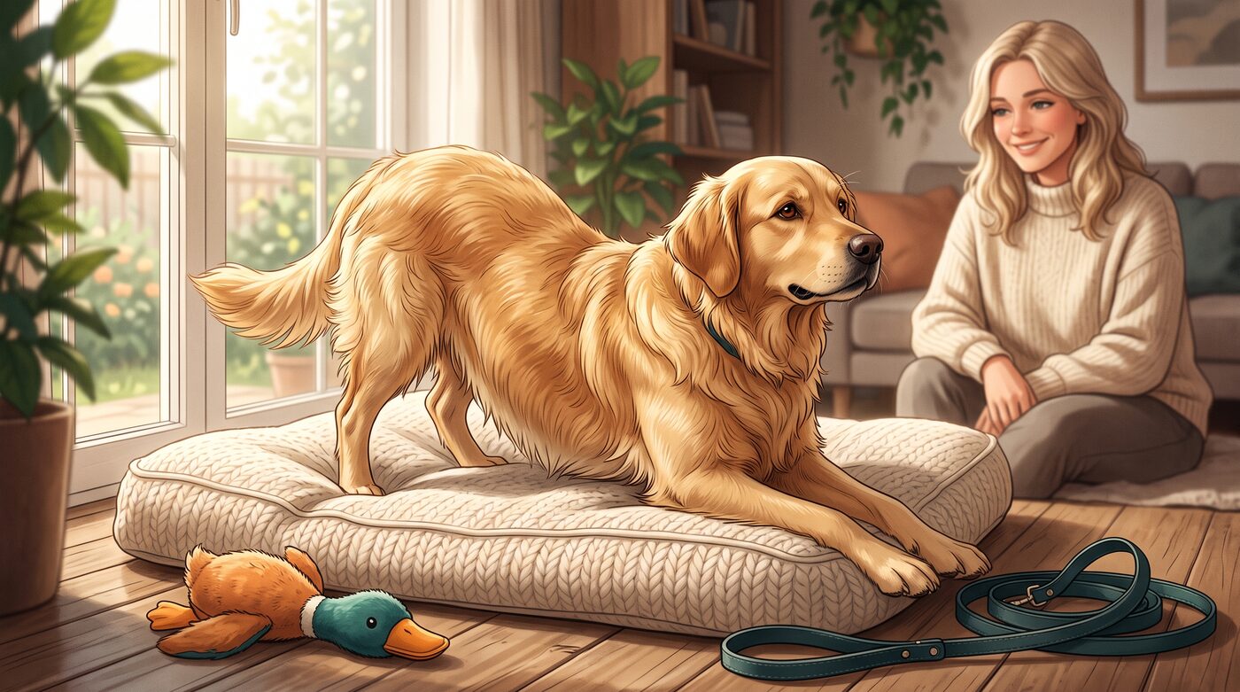 Cachorro golden retriever se espreguiçando ao levantar da caminha, com a tutora sorrindo por perto