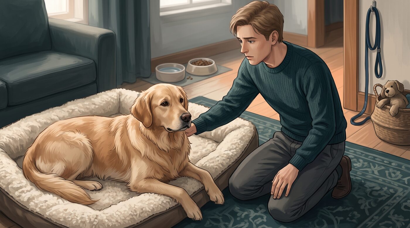 Tutor preocupado ajoelhado ao lado do cachorro golden retriever deitado, com os potes de comida e água intocados ao fundo