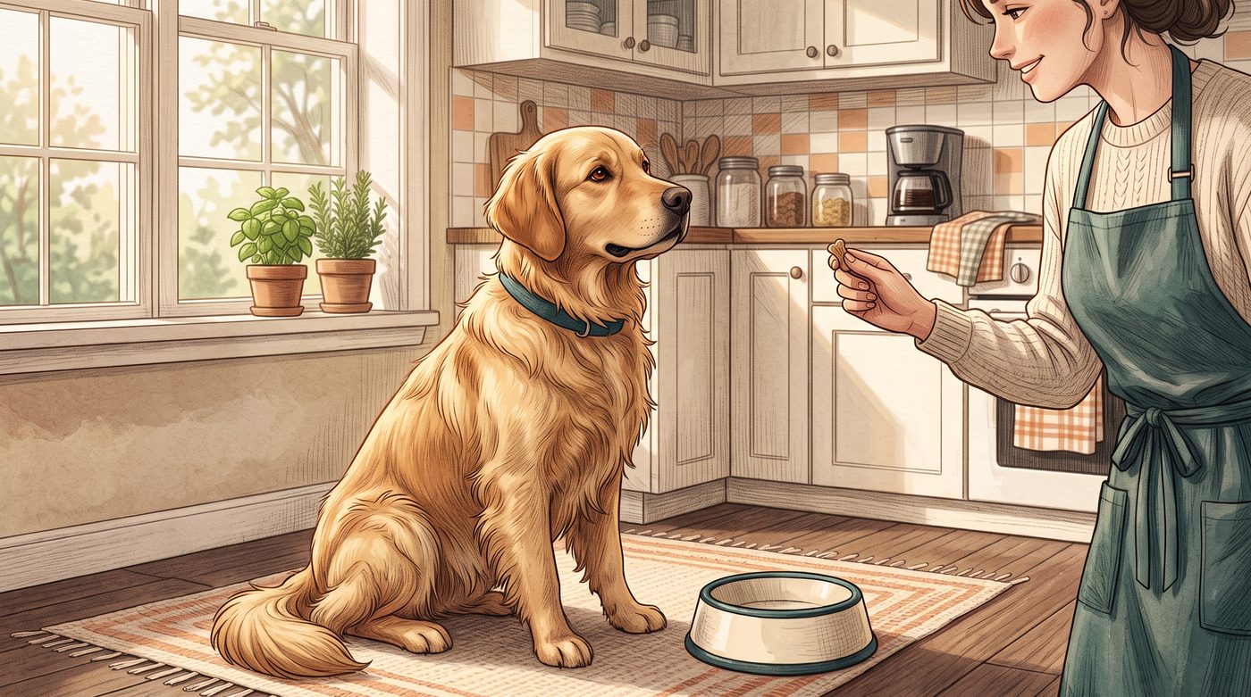 Golden retriever sentado na cozinha olhando para a tutora, que segura um petisco, com a tigela de ração vazia ao lado no tapete