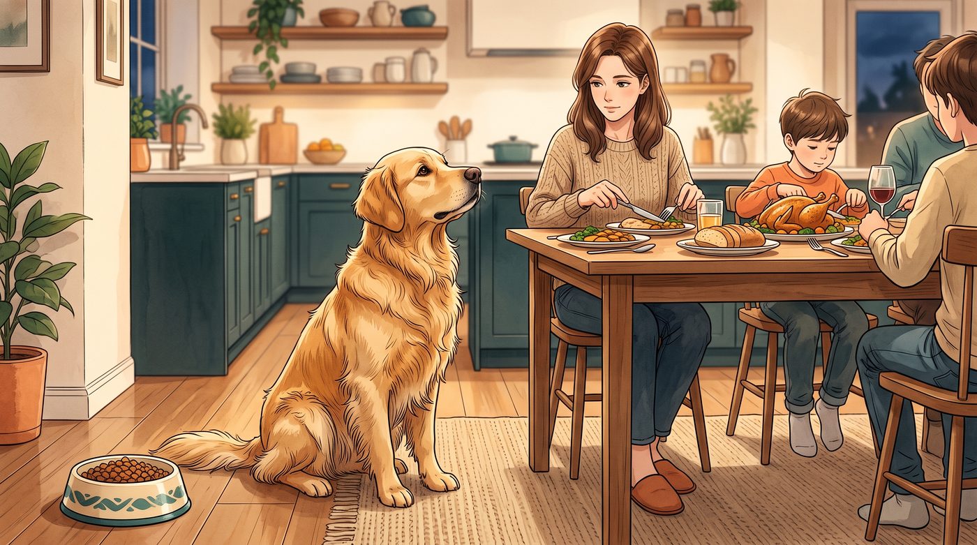 Golden retriever sentado ao lado da mesa de jantar, olhando para a família que come, com a tigela de ração cheia no chão