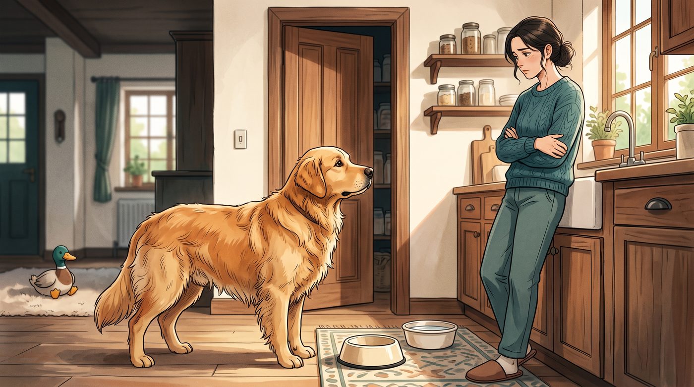 Golden retriever em pé na cozinha olhando para a tutora de braços cruzados, com a porta da despensa aberta e tigelas no tapete
