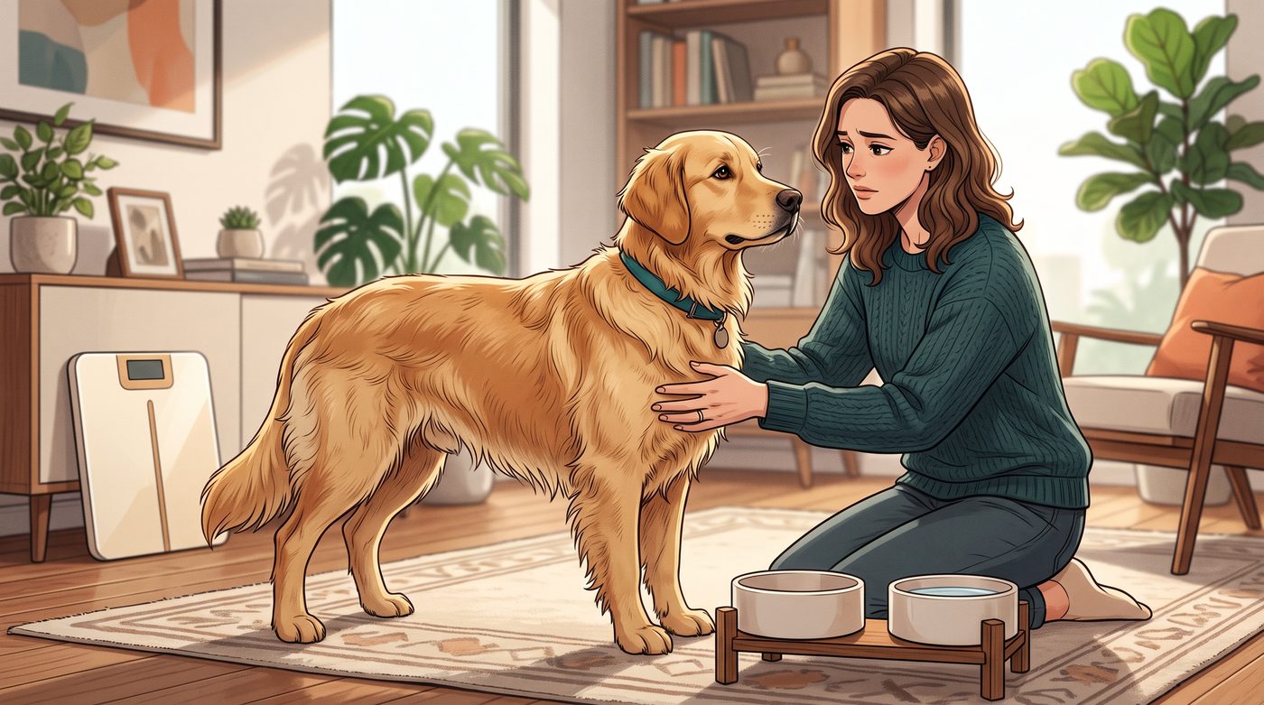 Tutora ajoelhada apalpando as costelas de um golden retriever, com uma balança ao fundo e potes de comida e água ao lado