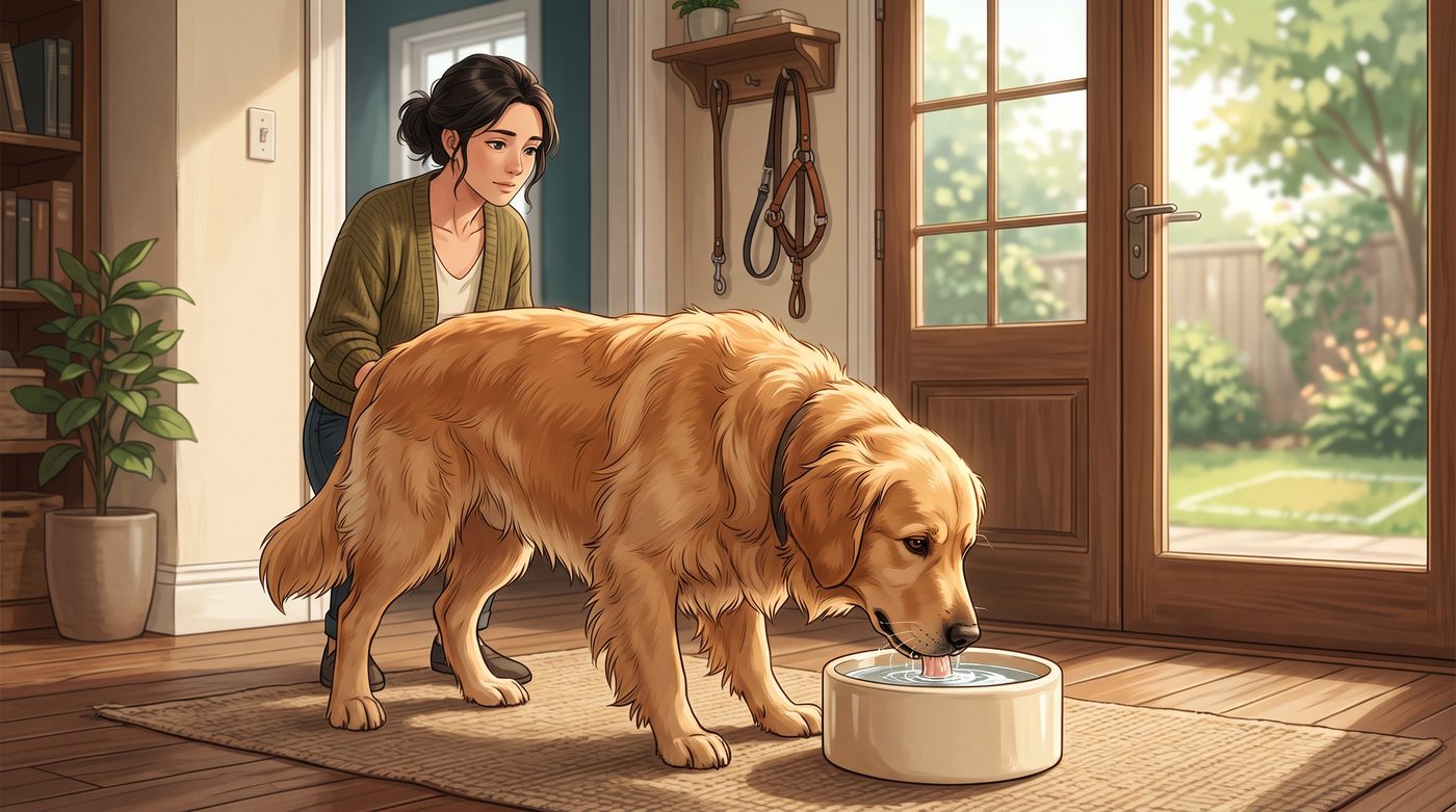 Golden retriever bebendo água de uma tigela enquanto a tutora observa de perto, com a porta do quintal ao fundo