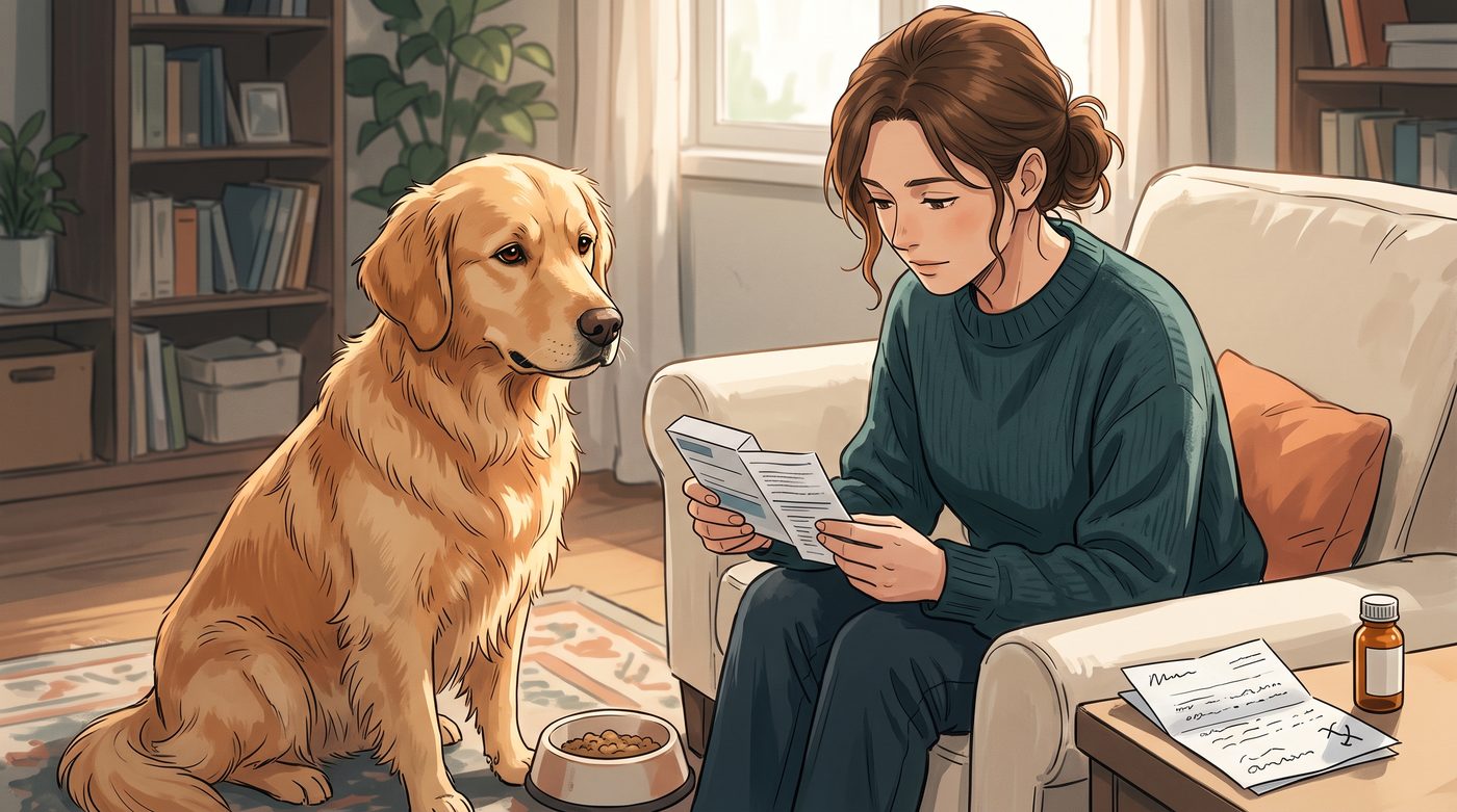 Tutora lendo a bula de um medicamento sentada no sofá, com o golden retriever ao lado e um frasco de remédio sobre a mesa