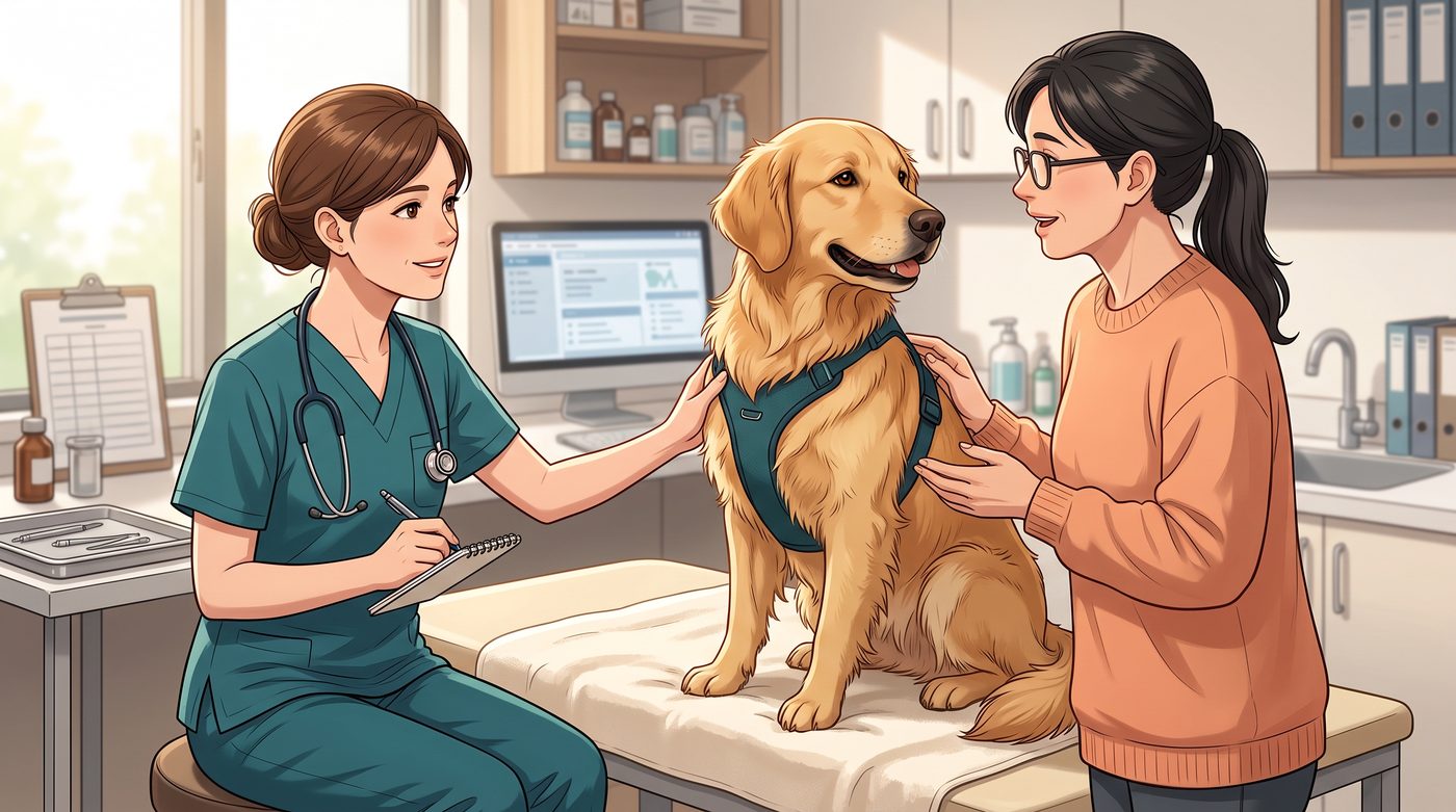 Veterinária anotando enquanto examina um golden retriever sobre a maca, com a tutora explicando os sinais que observou