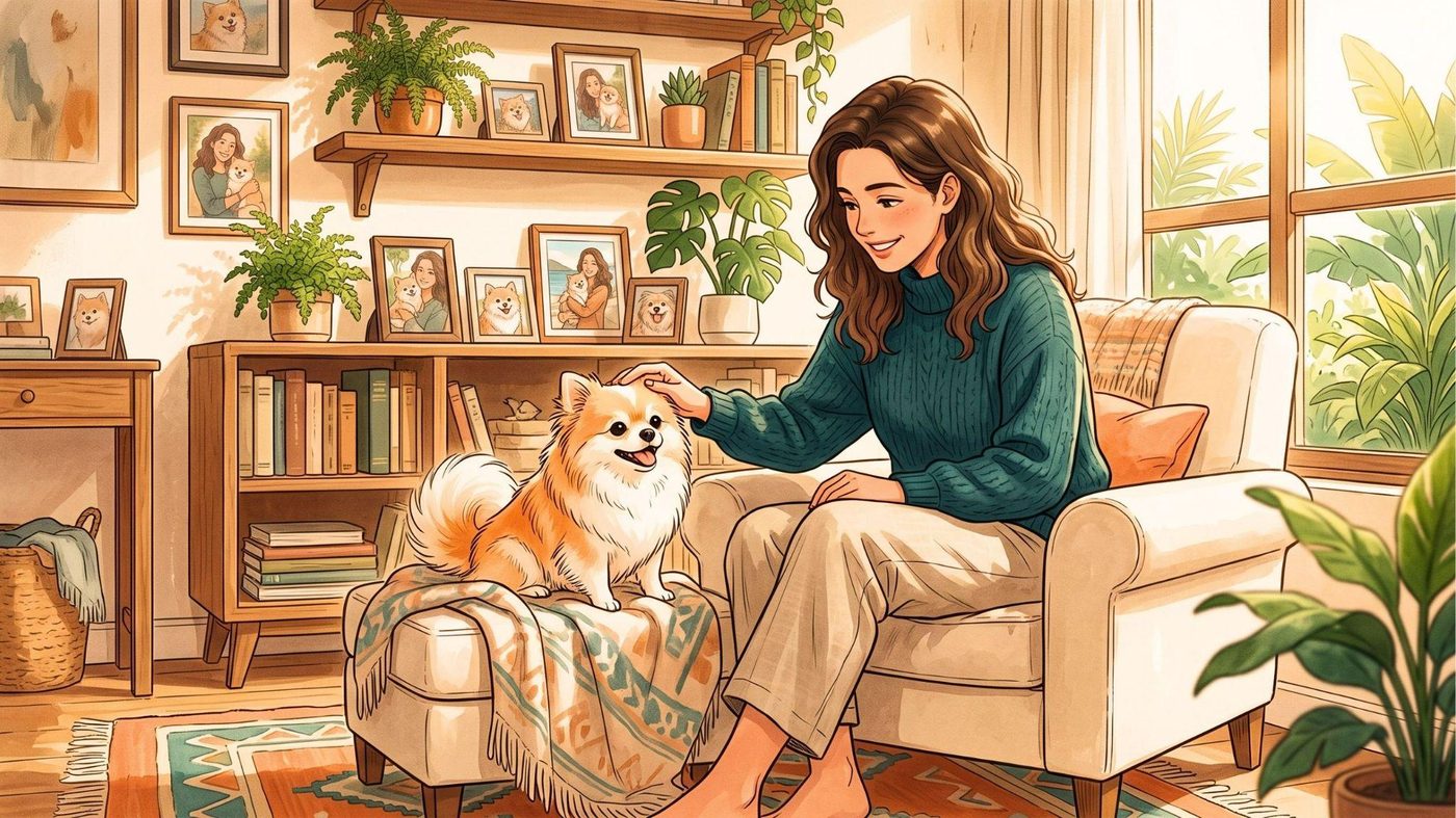 Tutora acariciando um cão de porte pequeno em casa, cercada de fotos e plantas