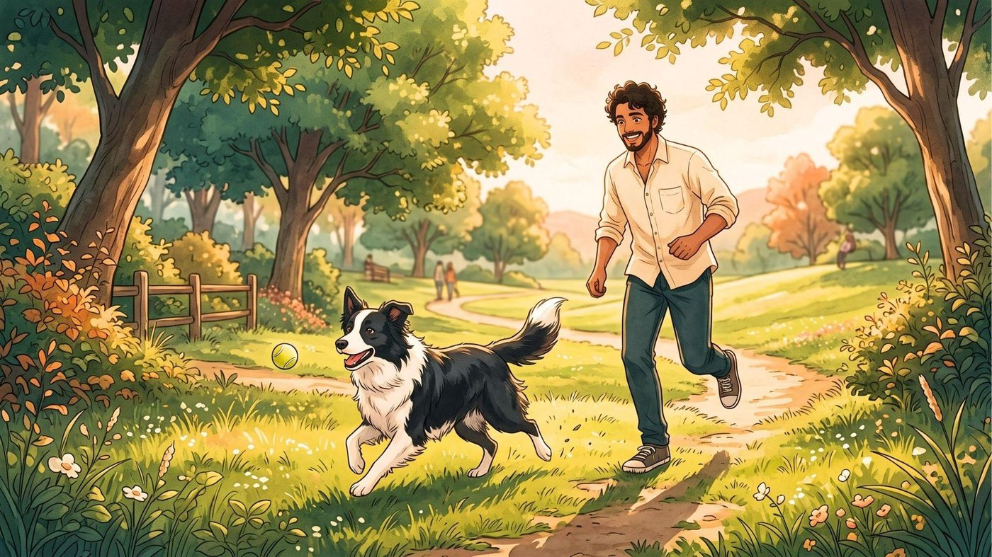 Cão de porte médio brincando ao ar livre com a tutora
