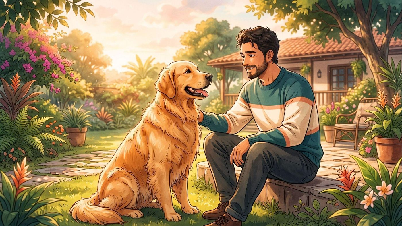 Cão de porte gigante ao lado do tutor, ilustrando a diferença de expectativa de vida