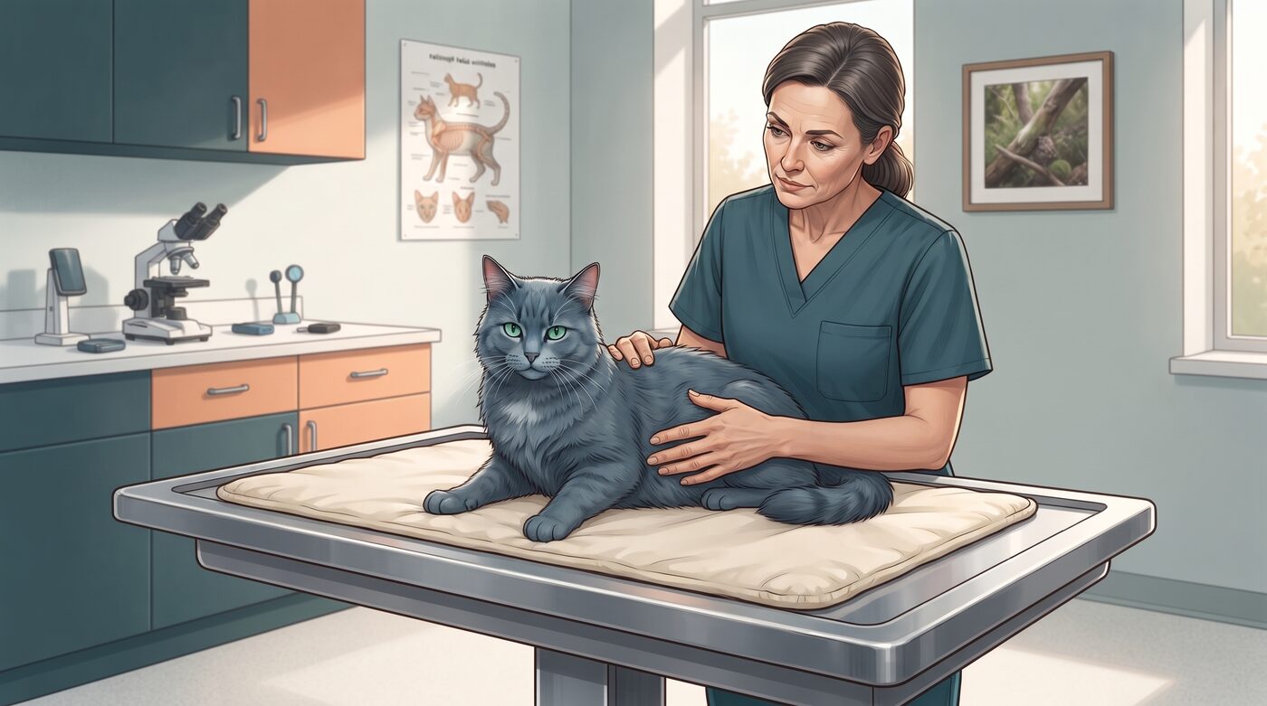 Veterinária examinando um gato cinza de pelo longo sobre a mesa de exame de uma clínica