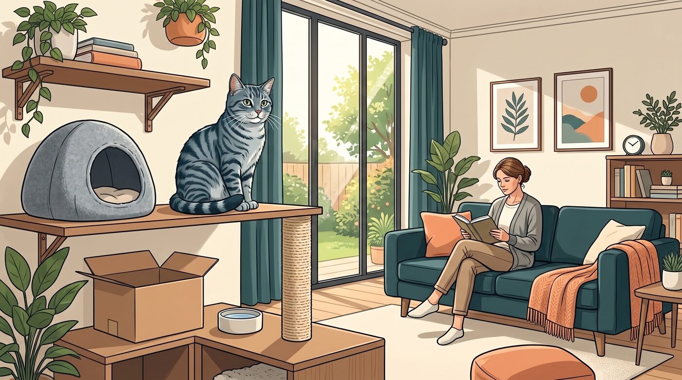 Gato tigrado sentado com tranquilidade em cima de um móvel alto, ao lado de uma toca felina, em uma sala iluminada