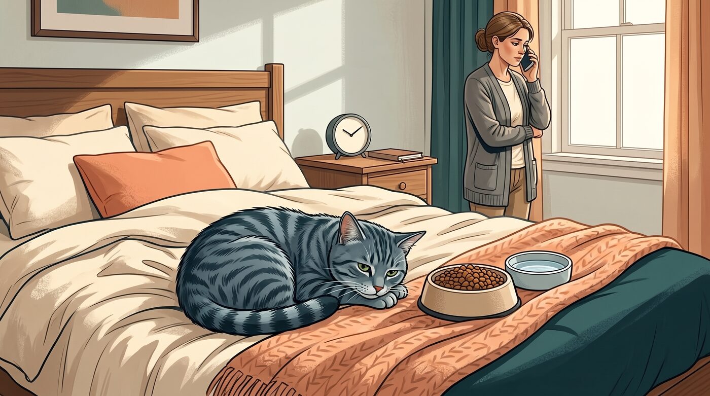 Tutora preocupada ao telefone enquanto o gato permanece deitado sobre a cama ao lado de comida e água intocadas